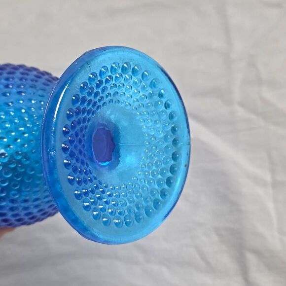 Blue Hobnail Art Glass Vase Ruffled Top Vintage Style - Picture 7 of 7
